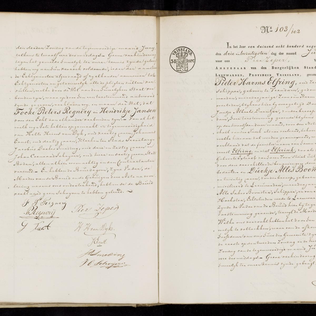 Civil registry of marriages, Leeuwarden, 1839, records 102-103