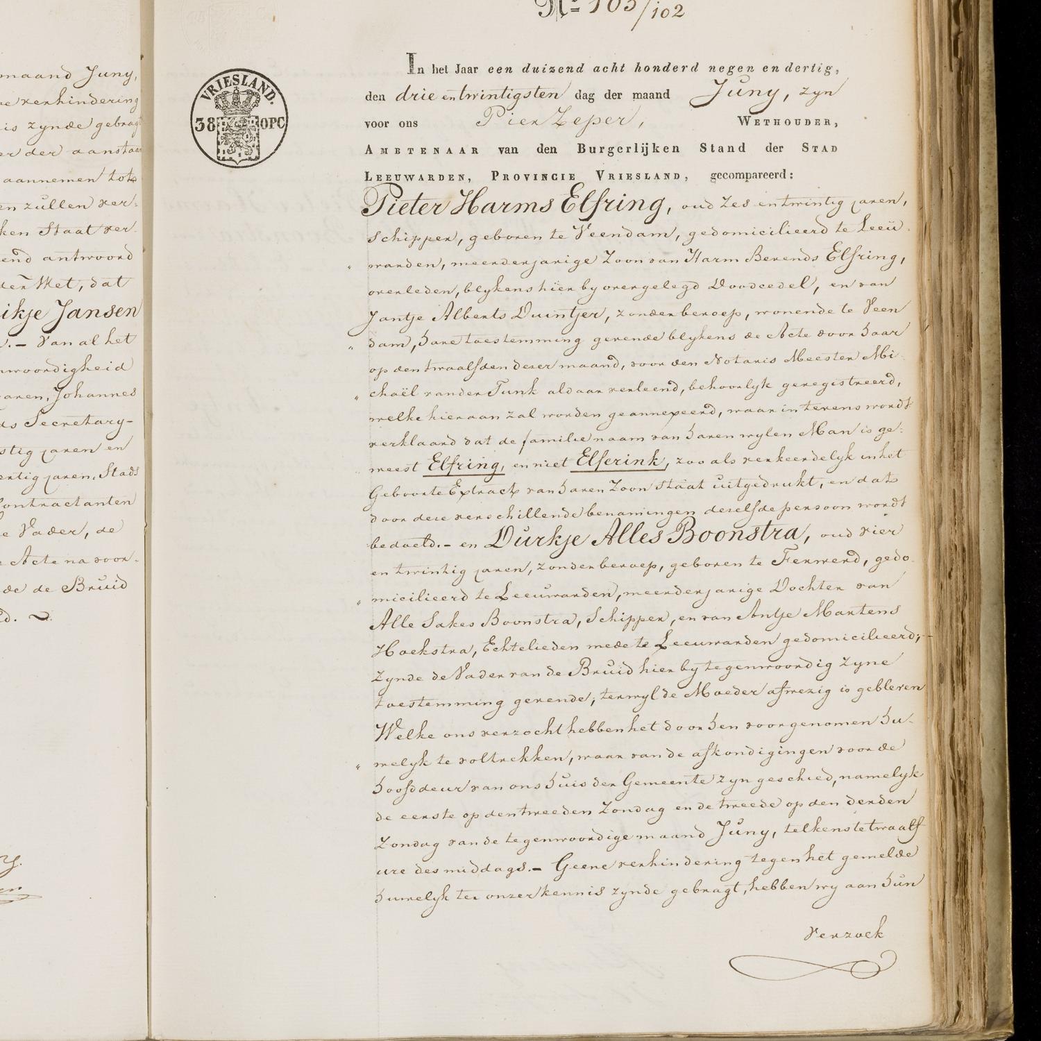 Civil registry of marriages, Leeuwarden, 1839, records 102-103