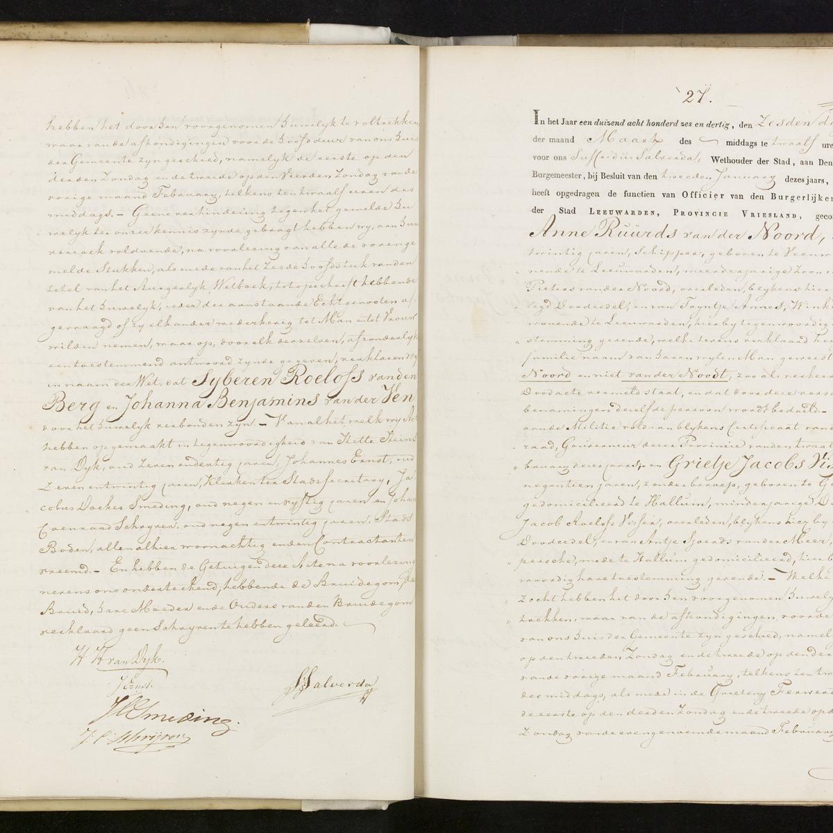 Civil registry of marriages, Leeuwarden, 1836, records 26-27