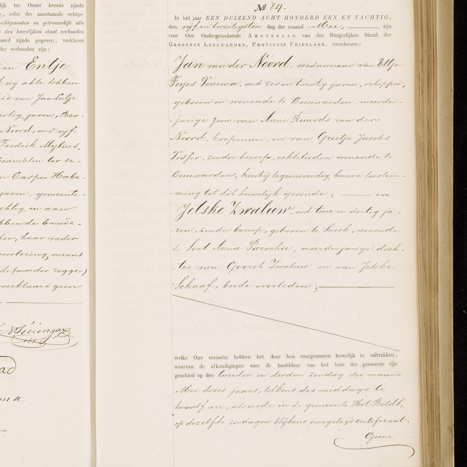 Civil registry of marriages, Leeuwarden, 1881, records 83-84