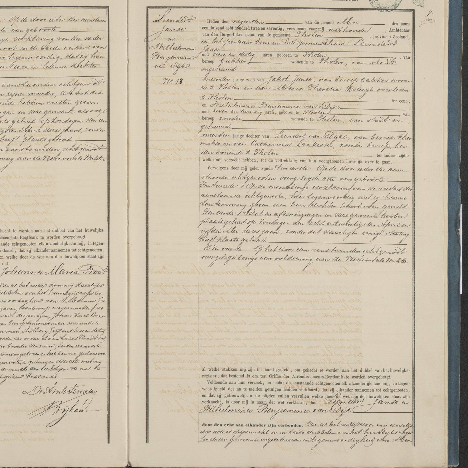 Civil registry of marriages, Tholen, 1872, records 11-12