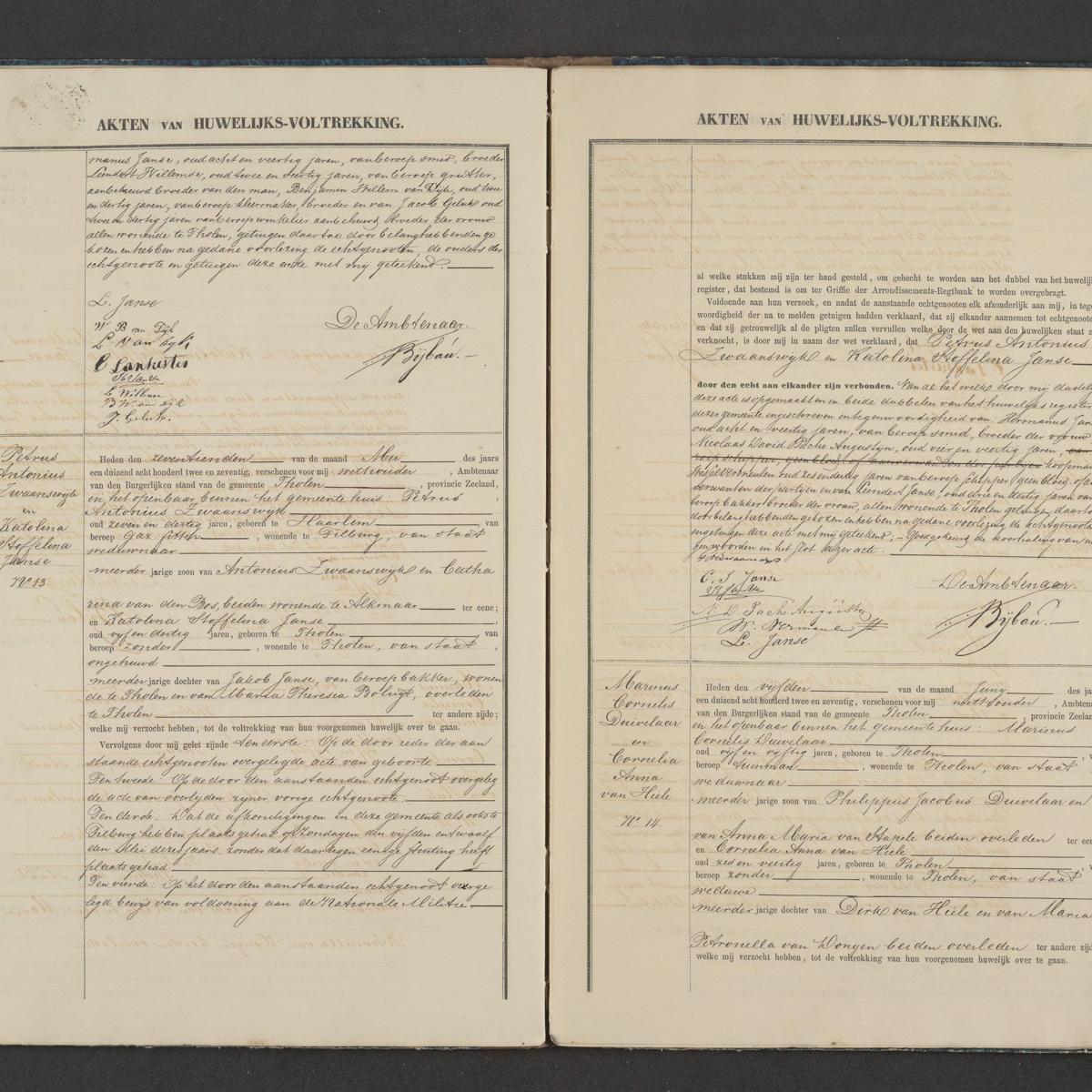 Civil registry of marriages, Tholen, 1872, records 12-14