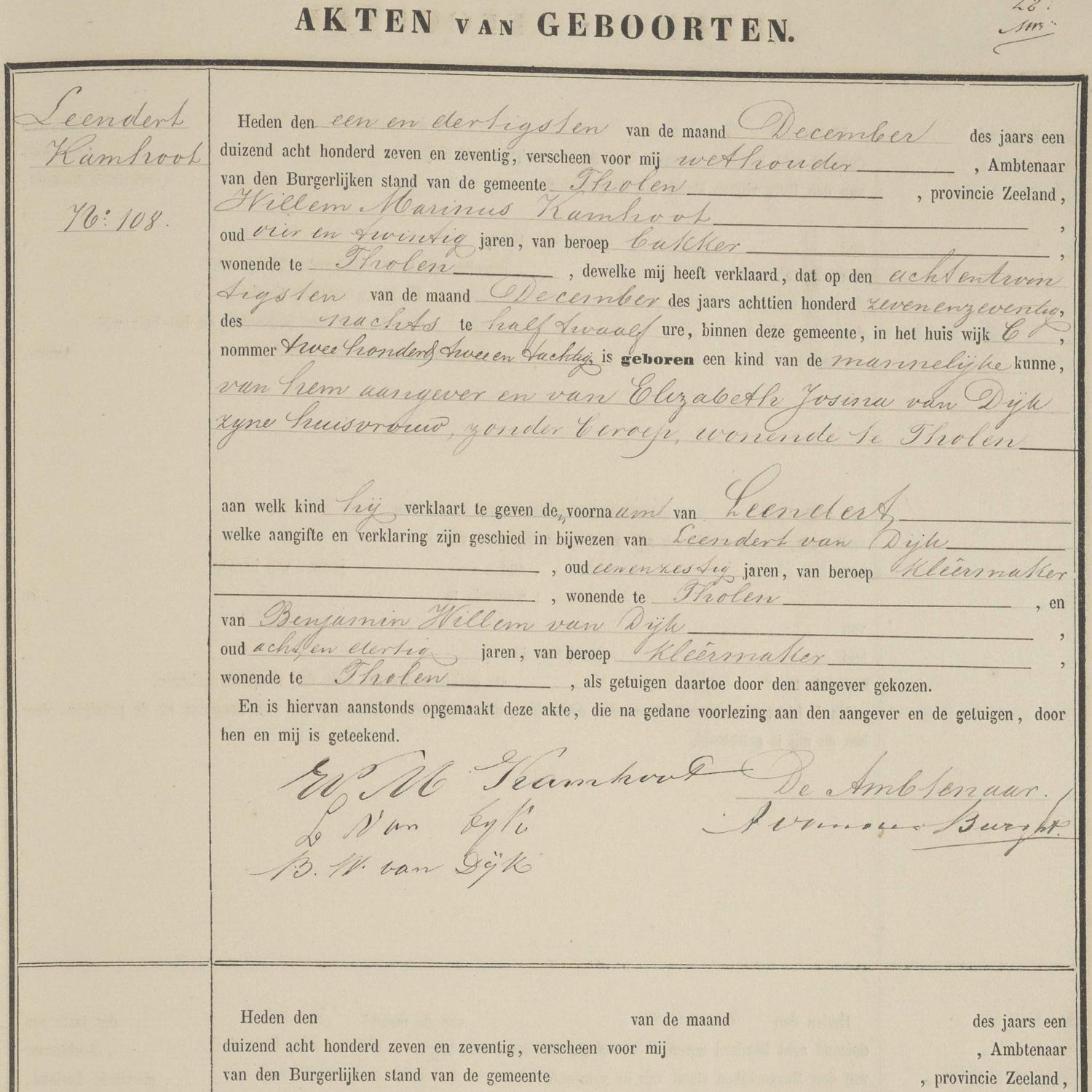 Civil registry of births, Tholen, 1877, records 106-108