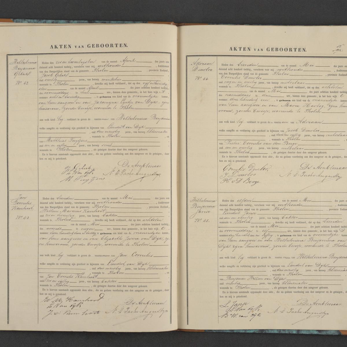 Civil registry of births, Tholen, 1880, records 42-45