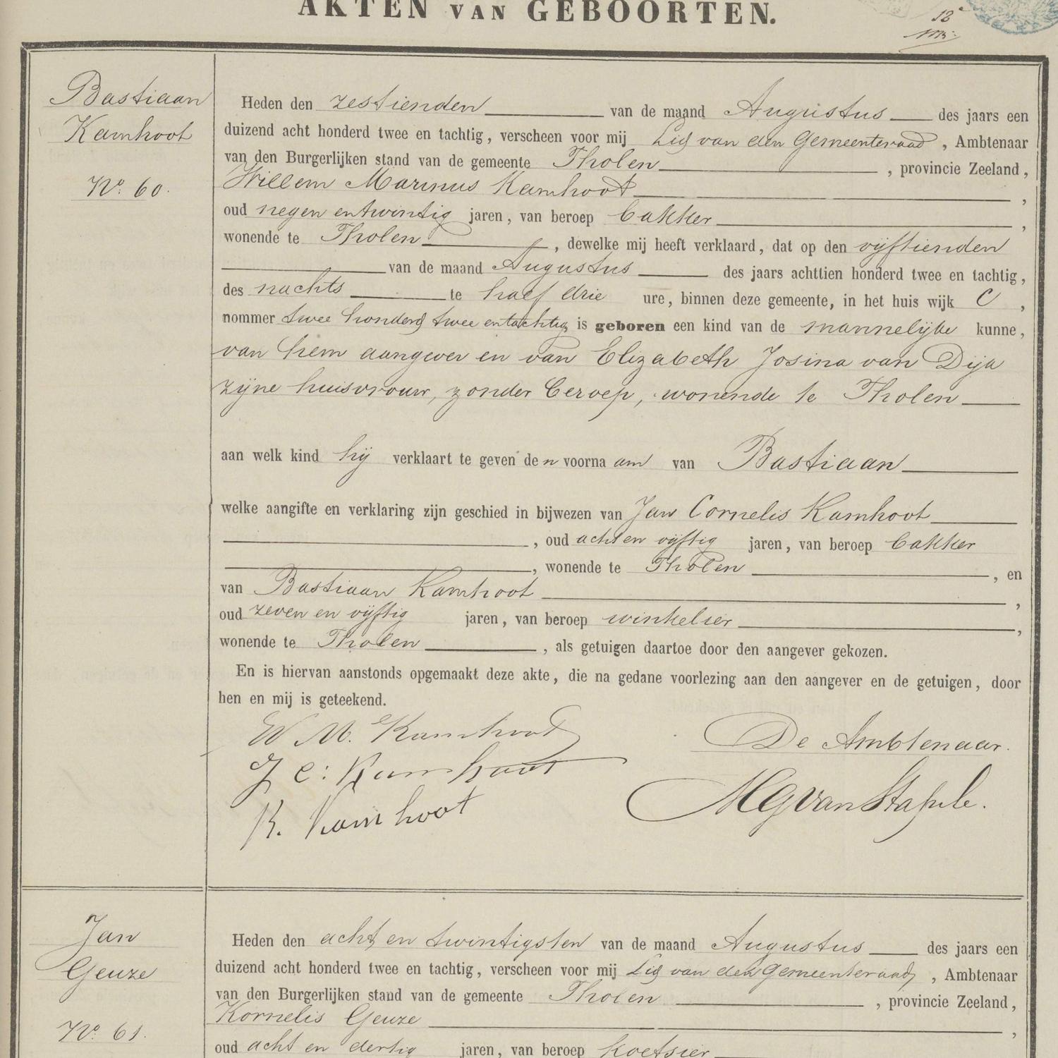 Civil registry of births, Tholen, 1882, records 58-61