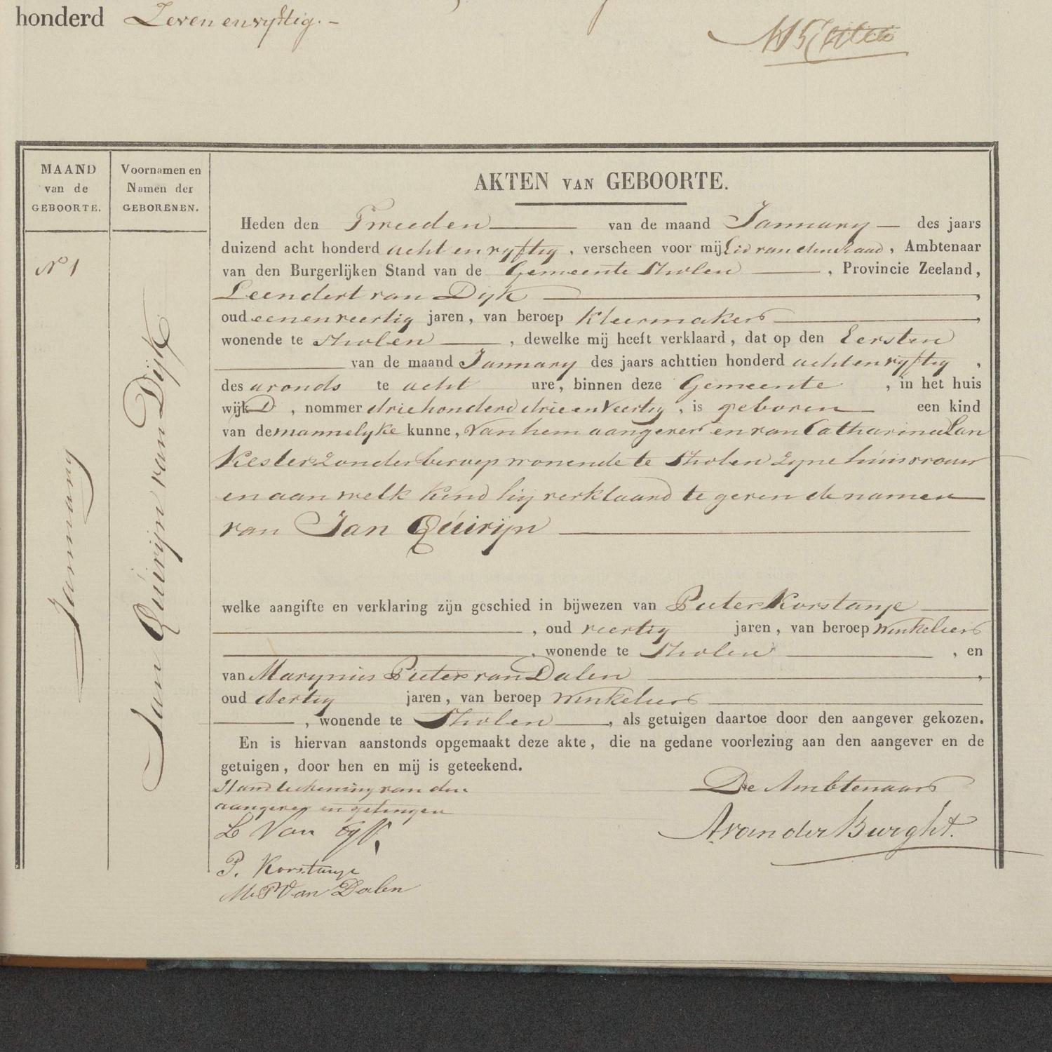 Civil registry of births, Tholen, 1858, record 1