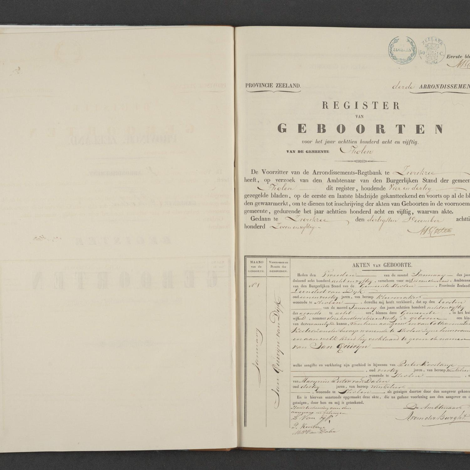 Civil registry of births, Tholen, 1858, record 1