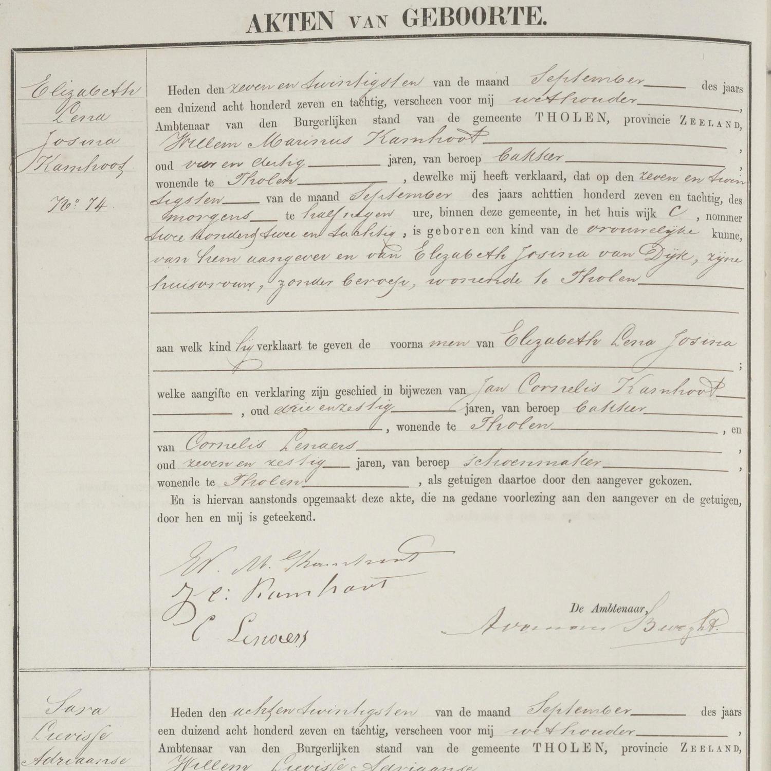 Civil registry of births, Tholen, 1887, records 74-77