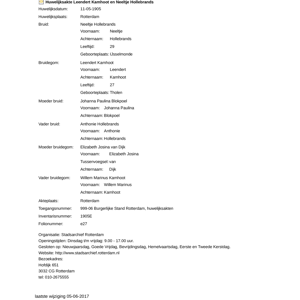 Extract of the marriage record for Leendert Kamhoot & Neeltje Hollebrands, civil registry of marriages, Rotterdam, 1905-05-11