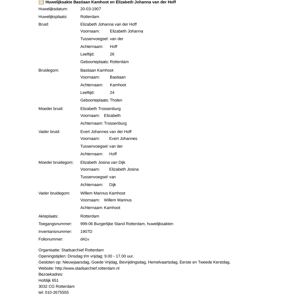 Extract of the marriage record for Bastiaan Kamhoot & Elizabeth Johanna van der Hoff, civil registry of marriages, Rotterdam, 1907-03-20