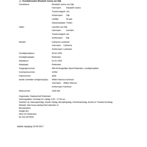 Extract of the death record for Elizabeth Josina van Dijk, civil registry of deaths, Rotterdam, 1935-02-05