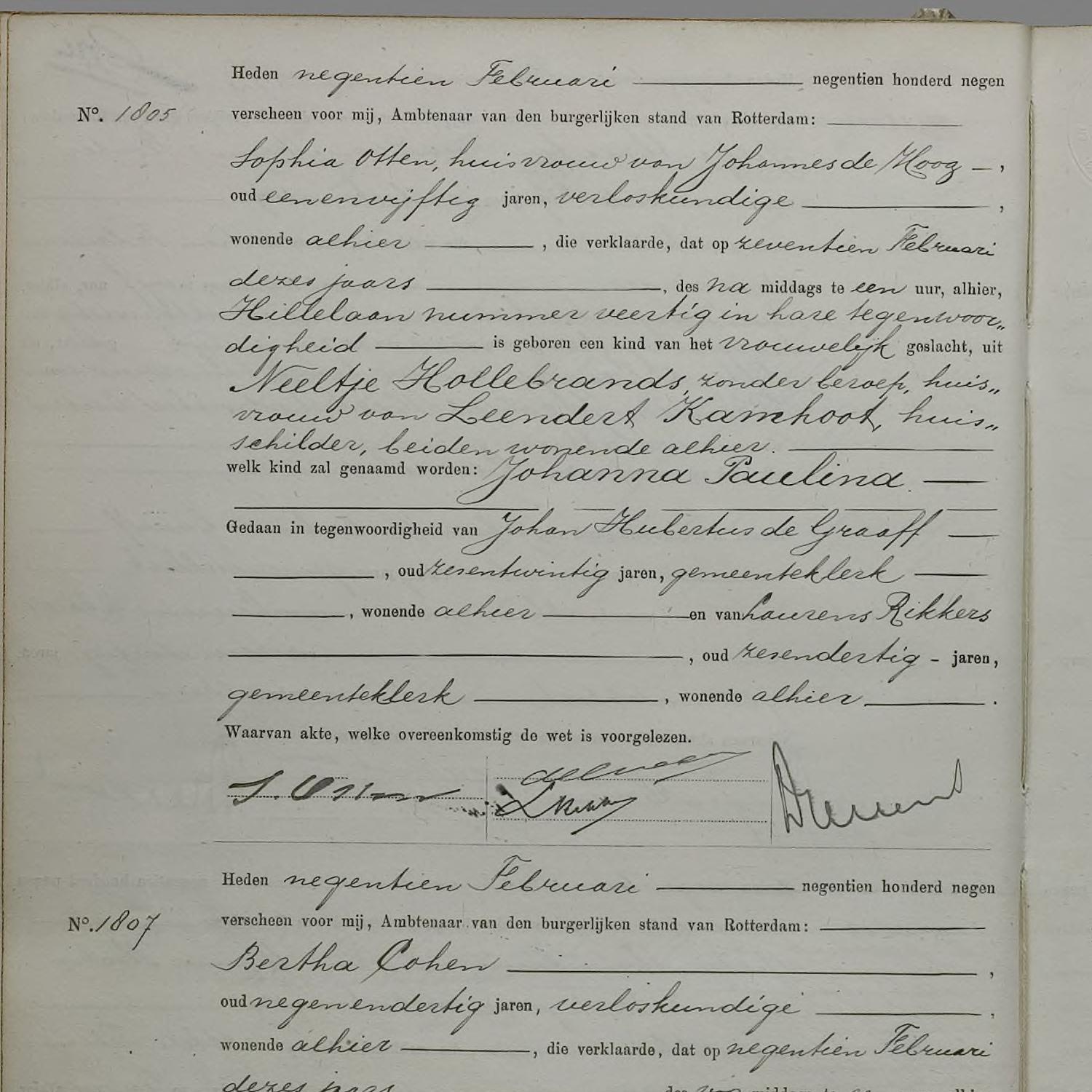 Civil registry of births, Rotterdam, 1909, records 1805-1811 (odd)