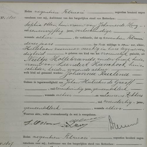 Civil registry of births, Rotterdam, 1909, records 1805-1811 (odd)