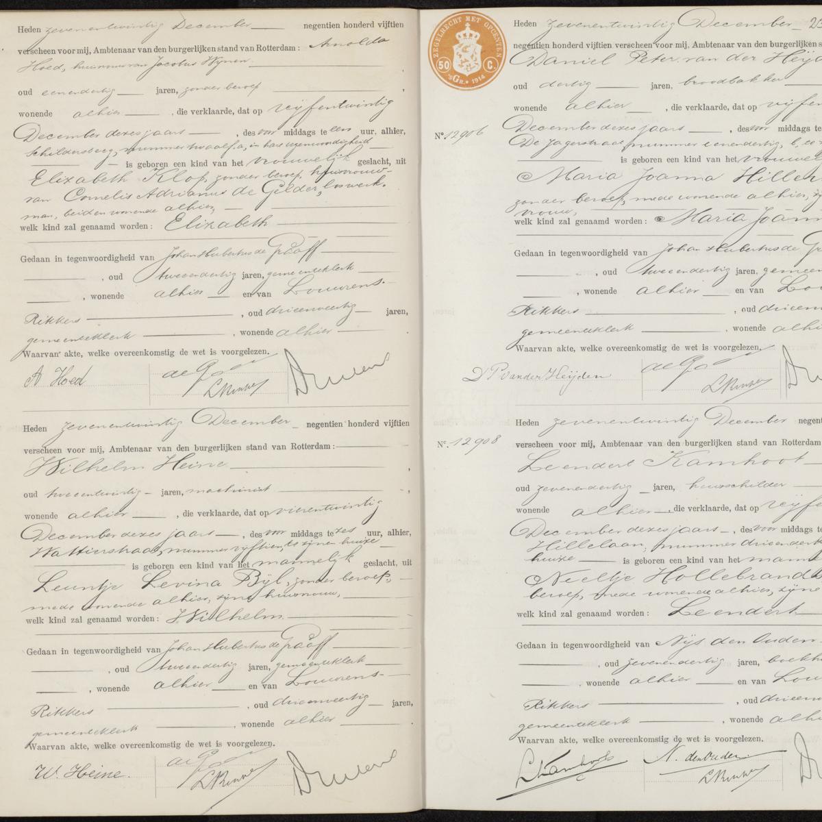 Civil registry of births, Rotterdam, 1915, records 12902-12908 (even)