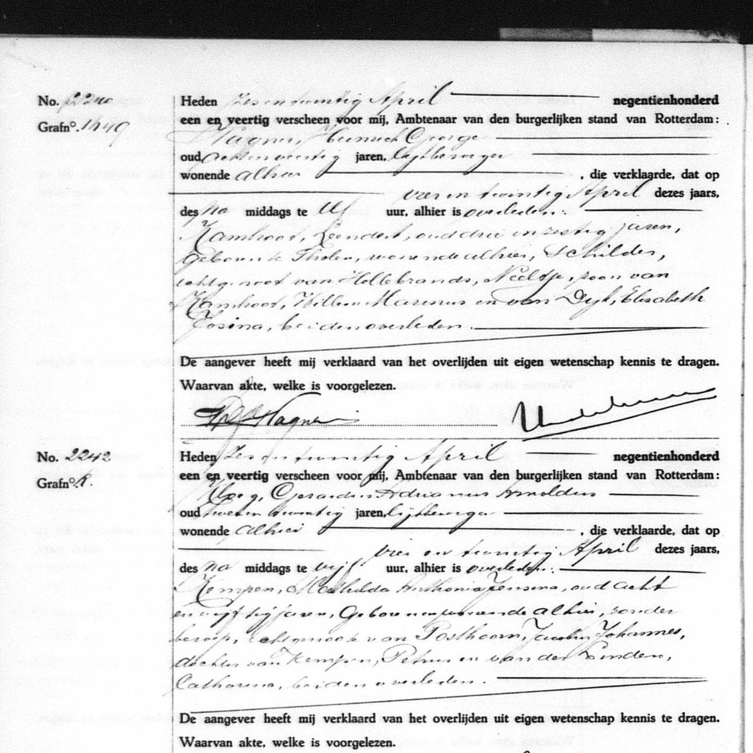 Civil registry of deaths, Rotterdam, 1941, records 2240-2250 (even)