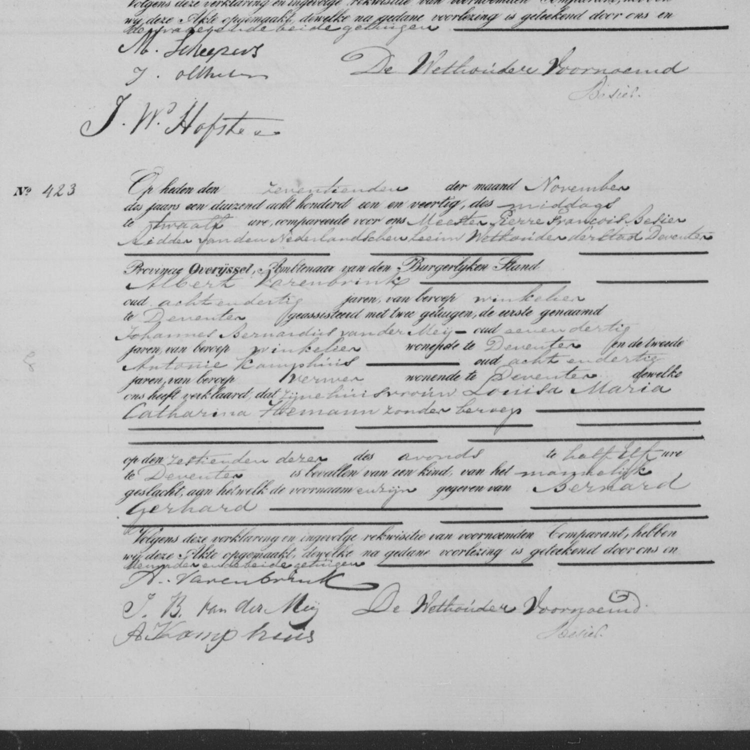 Civil registry of births, Deventer, 1841, records 420-423