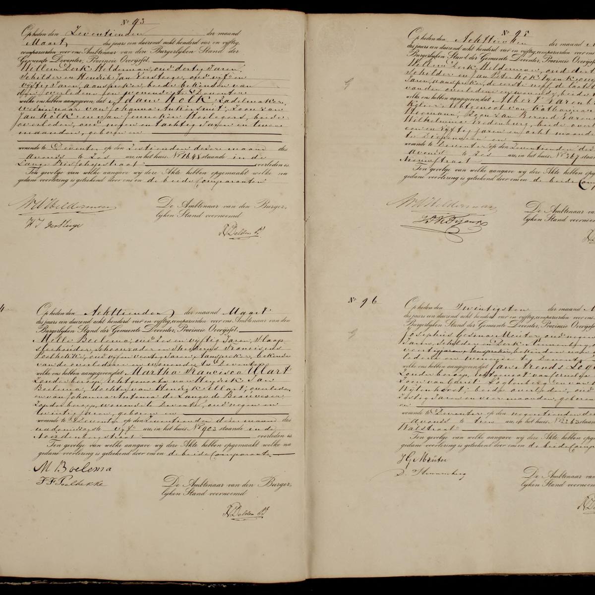 Civil registry of deaths, Deventer, 1854, records 93-96