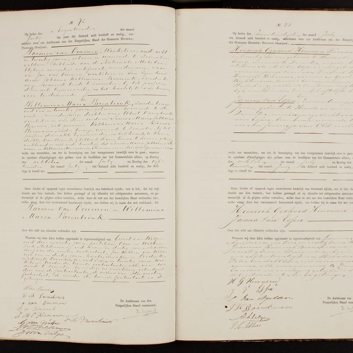 Civil registry of marriages, Deventer, 1860, records 72-73