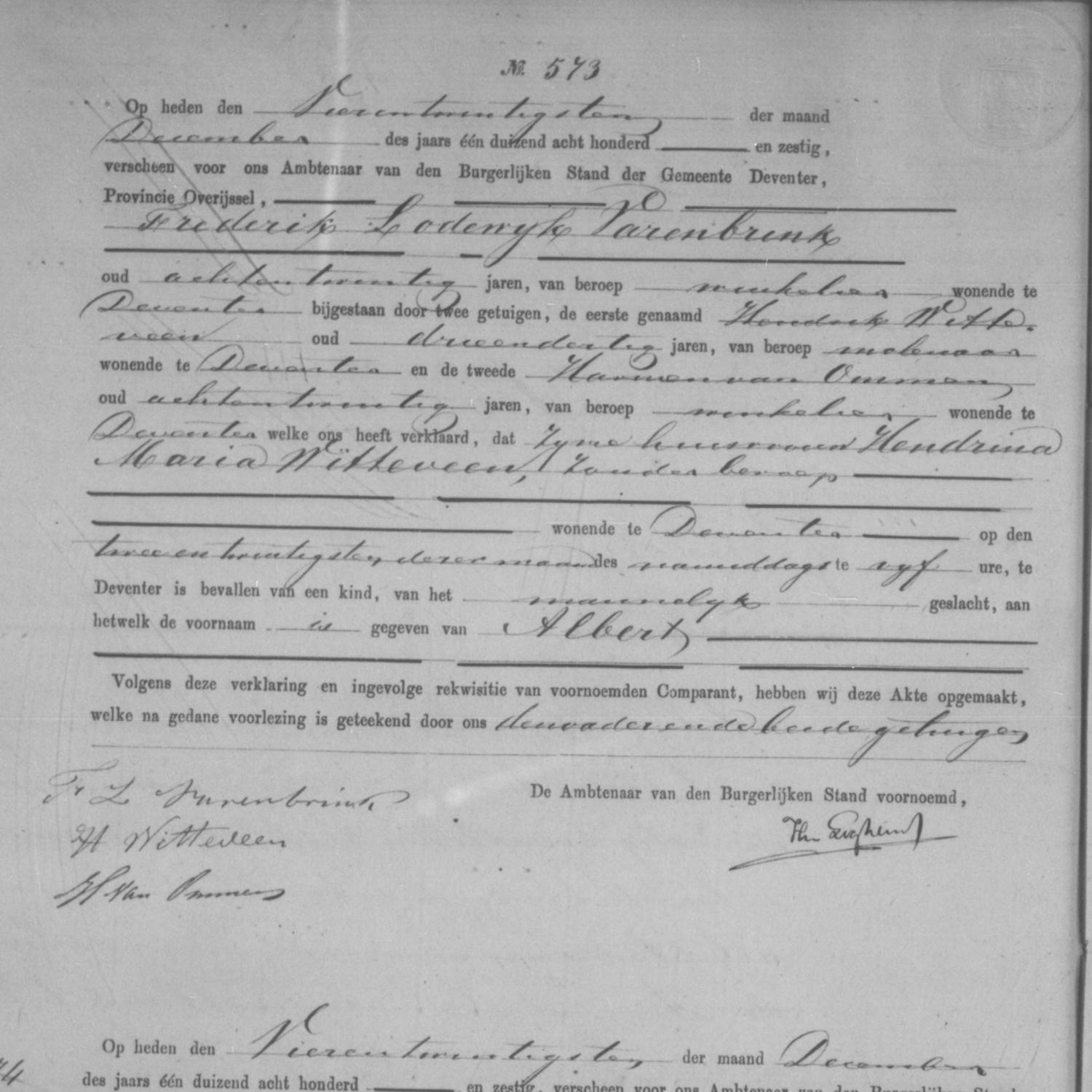 Civil registry of births, Deventer, 1860, records 573-576