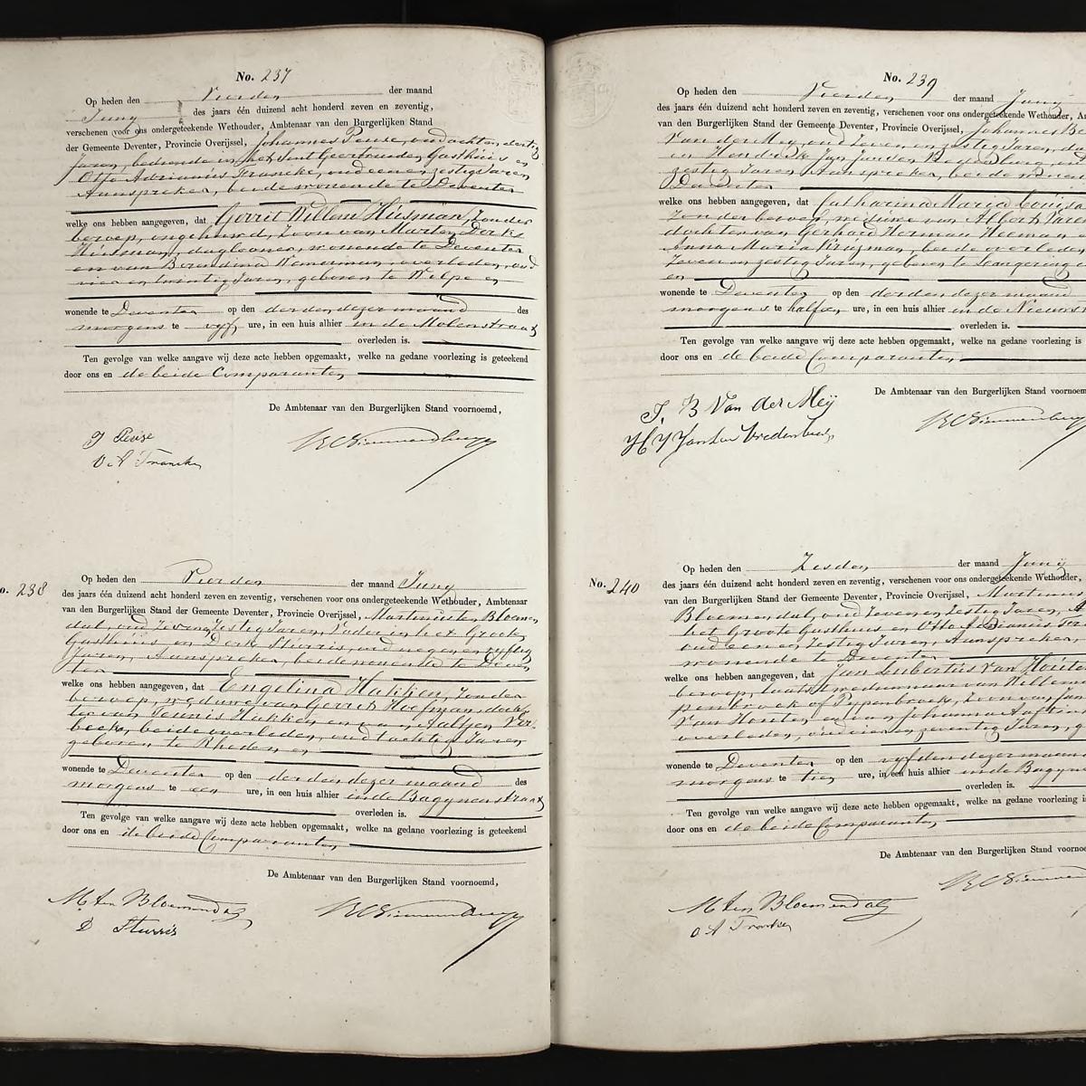 Civil registry of deaths, Deventer, 1877, records 237-240