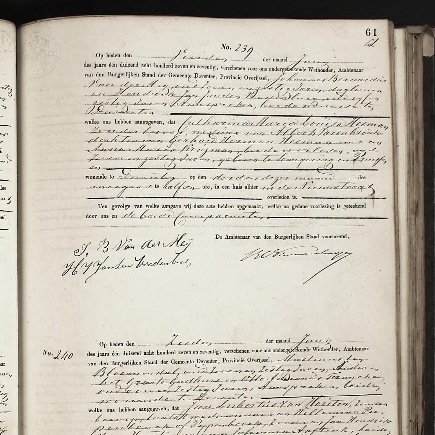 Civil registry of deaths, Deventer, 1877, records 237-240