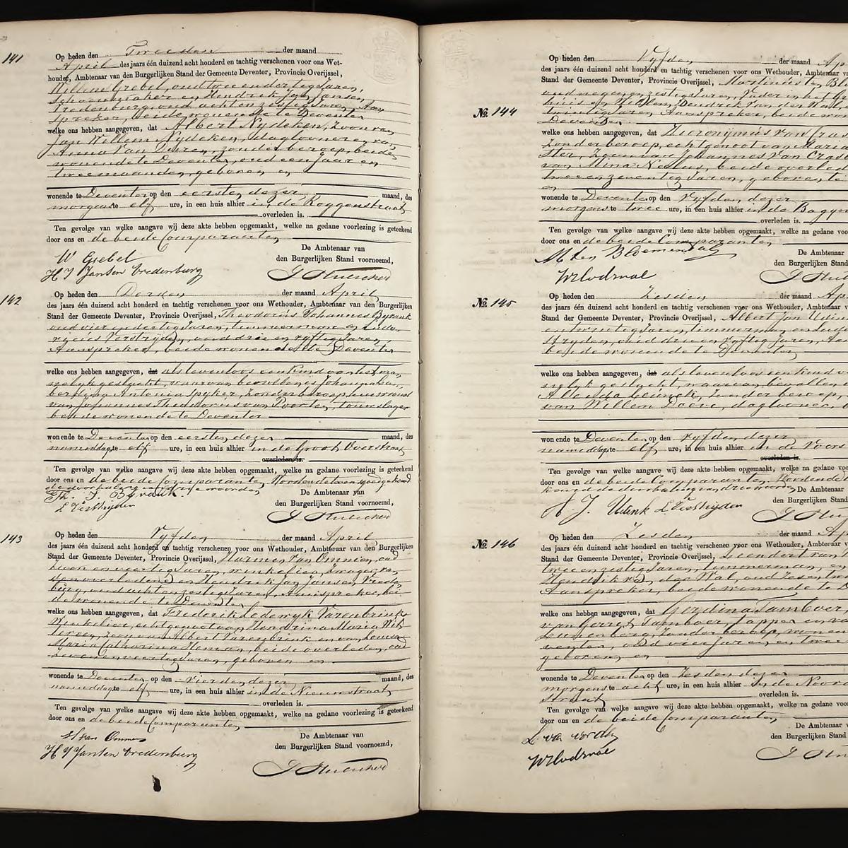 Civil registry of deaths, Deventer, 1880, records 141-146