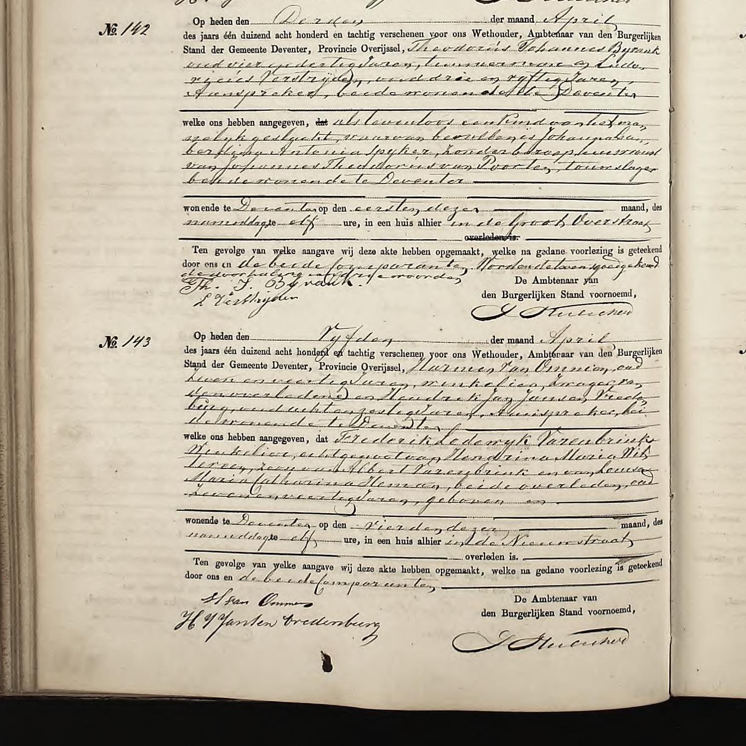 Civil registry of deaths, Deventer, 1880, records 141-146