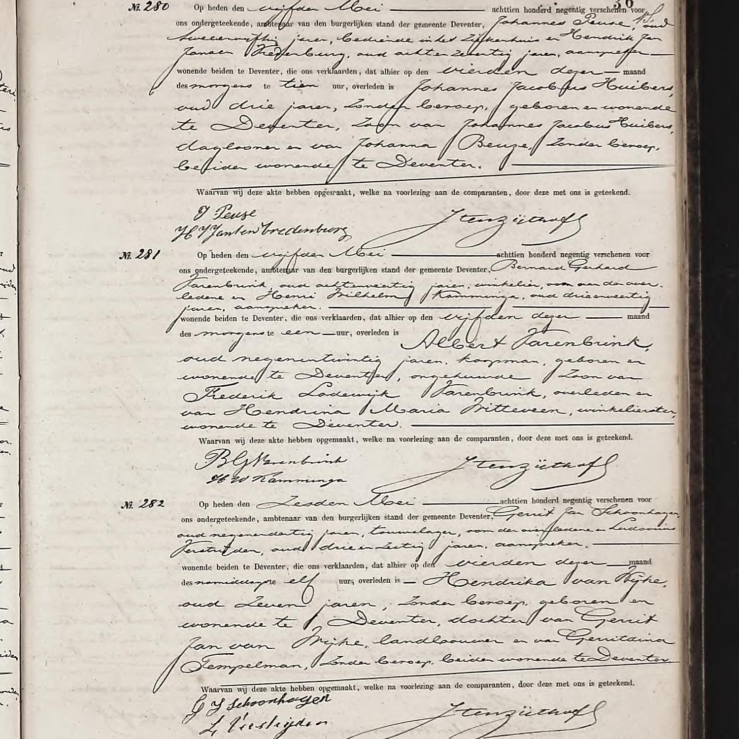 Civil registry of deaths, Deventer, 1890, records 276-283