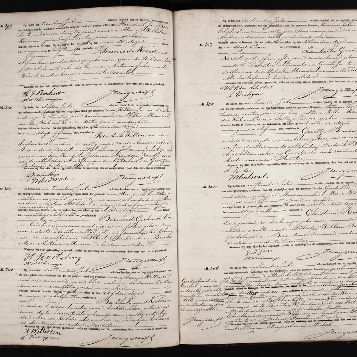 Civil registry of deaths, Deventer, 1891, records 299-306