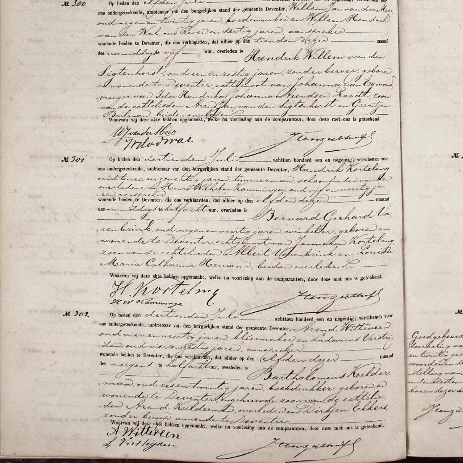 Civil registry of deaths, Deventer, 1891, records 299-306