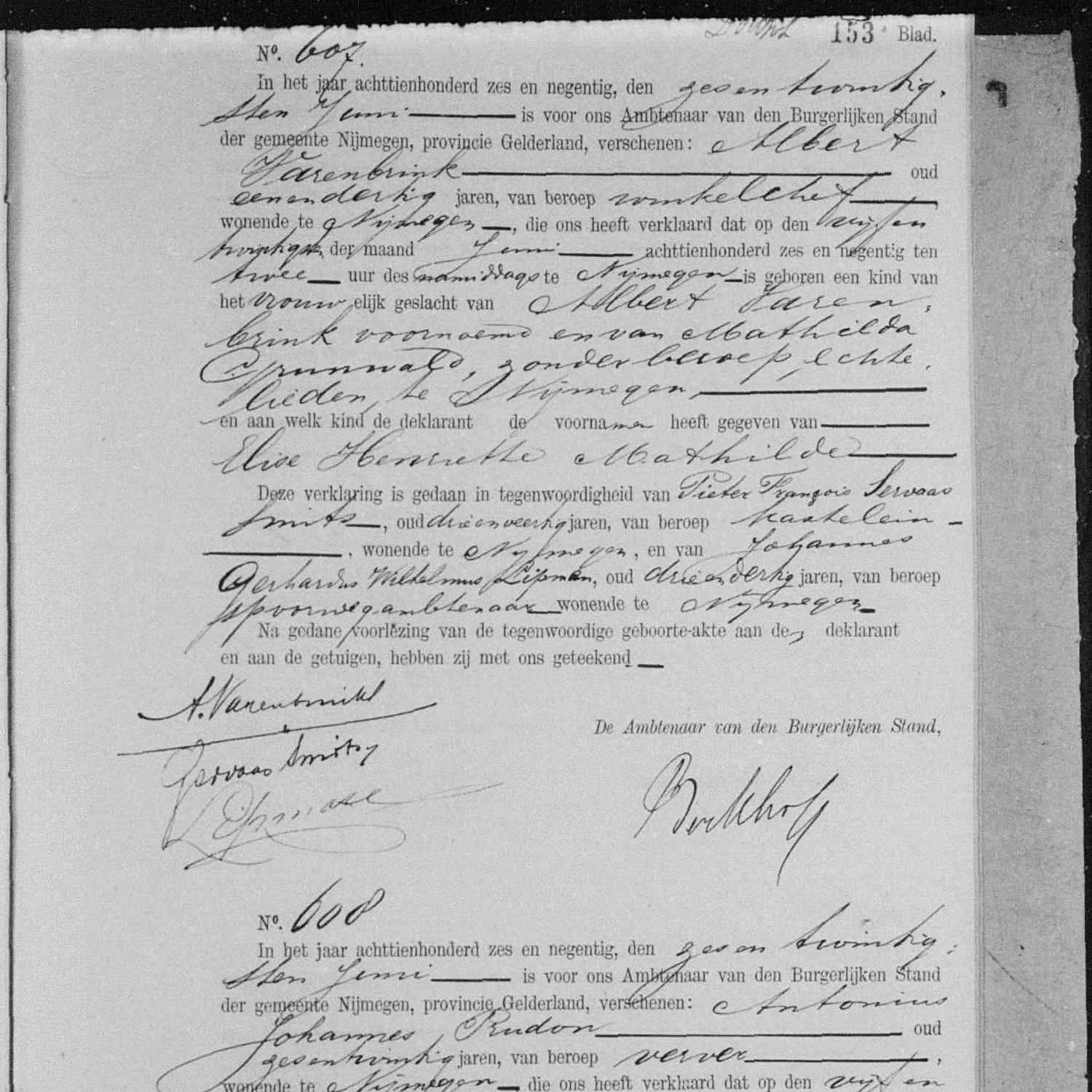 Civil registry of births, Nijmegen, 1896, records 605-608