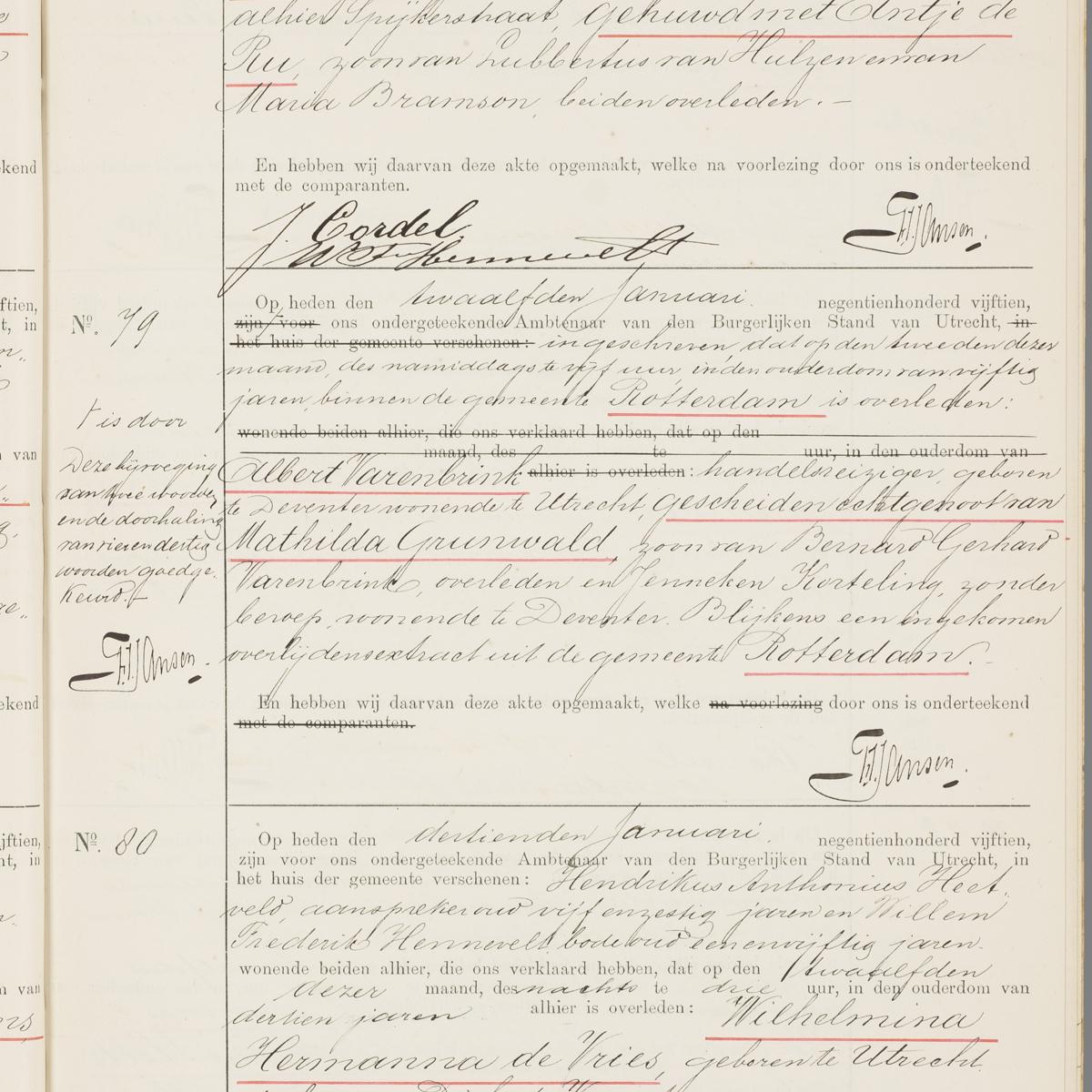 Civil registry of deaths, Utrecht, 1915, records 78-80