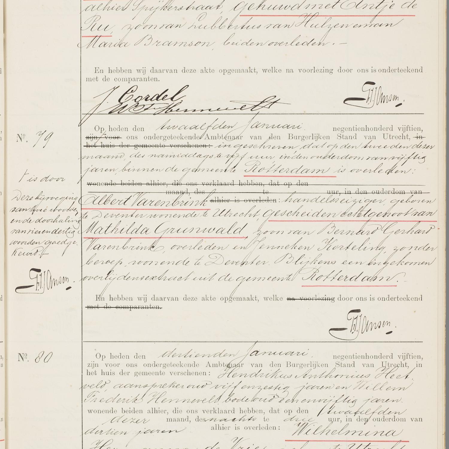 Civil registry of deaths, Utrecht, 1915, records 78-80