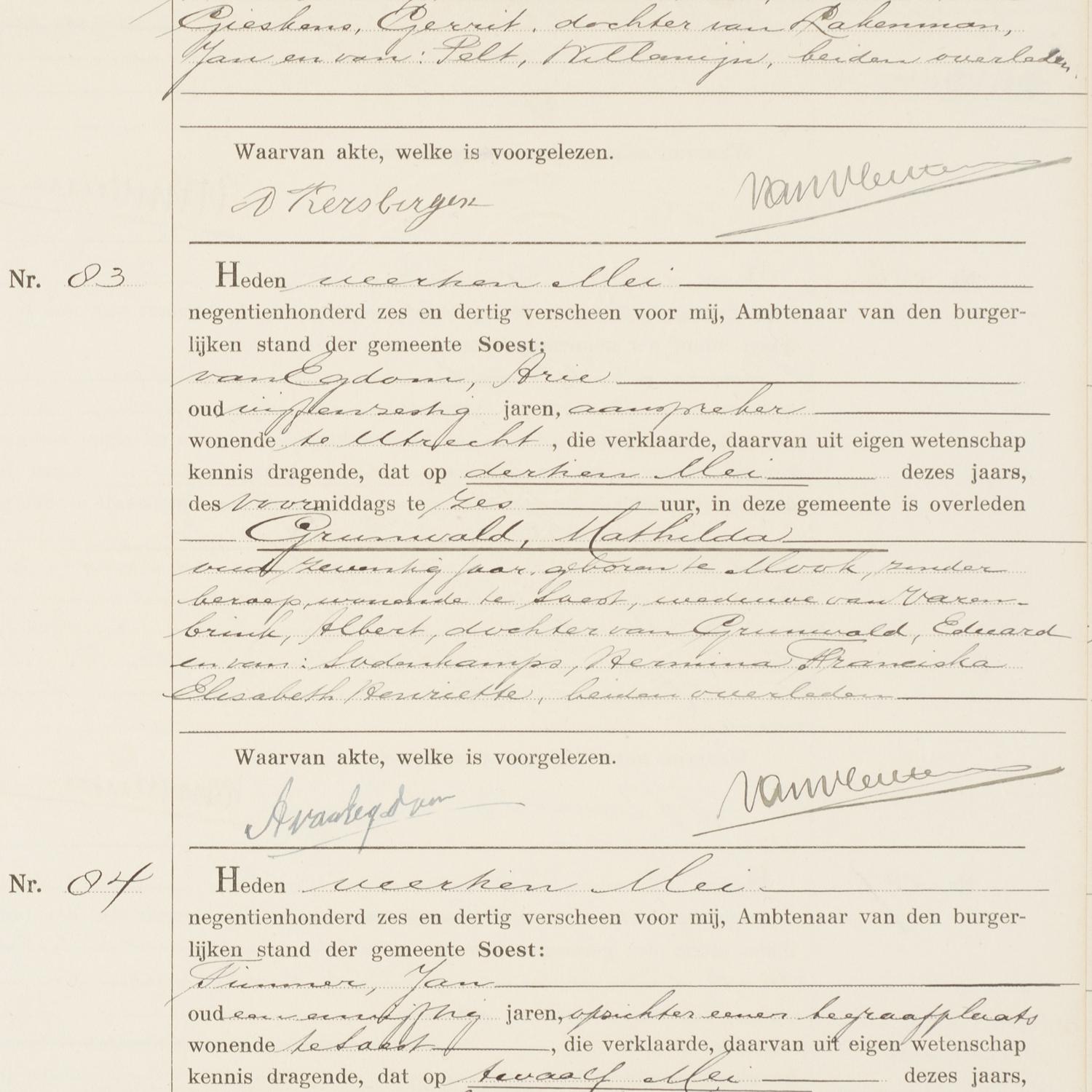 Civil registry of deaths, Soest, 1936, records 82-84