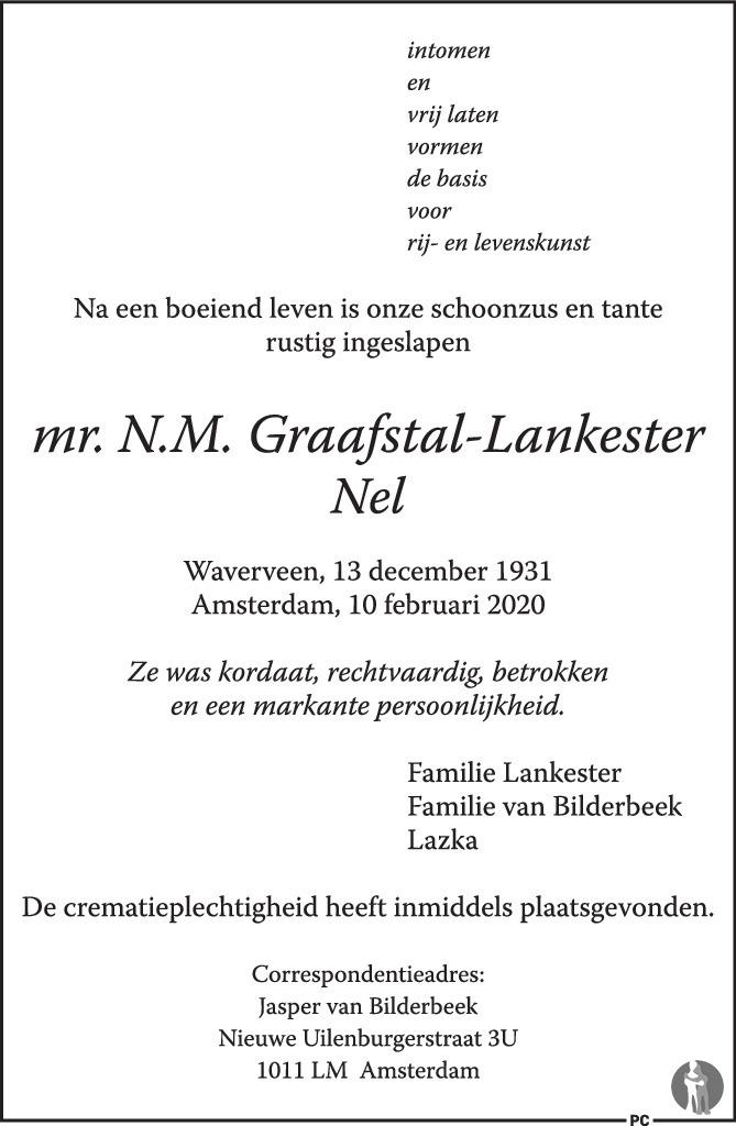Obituary for Nel. M. Graafstal-Lankester, 2020-02-18