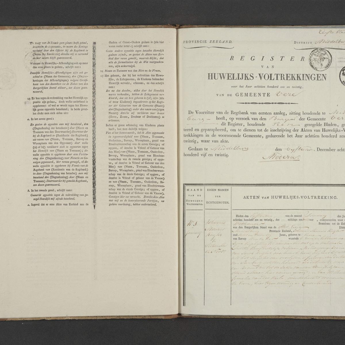 Civil registry of marriages, Veere, 1826, record 1