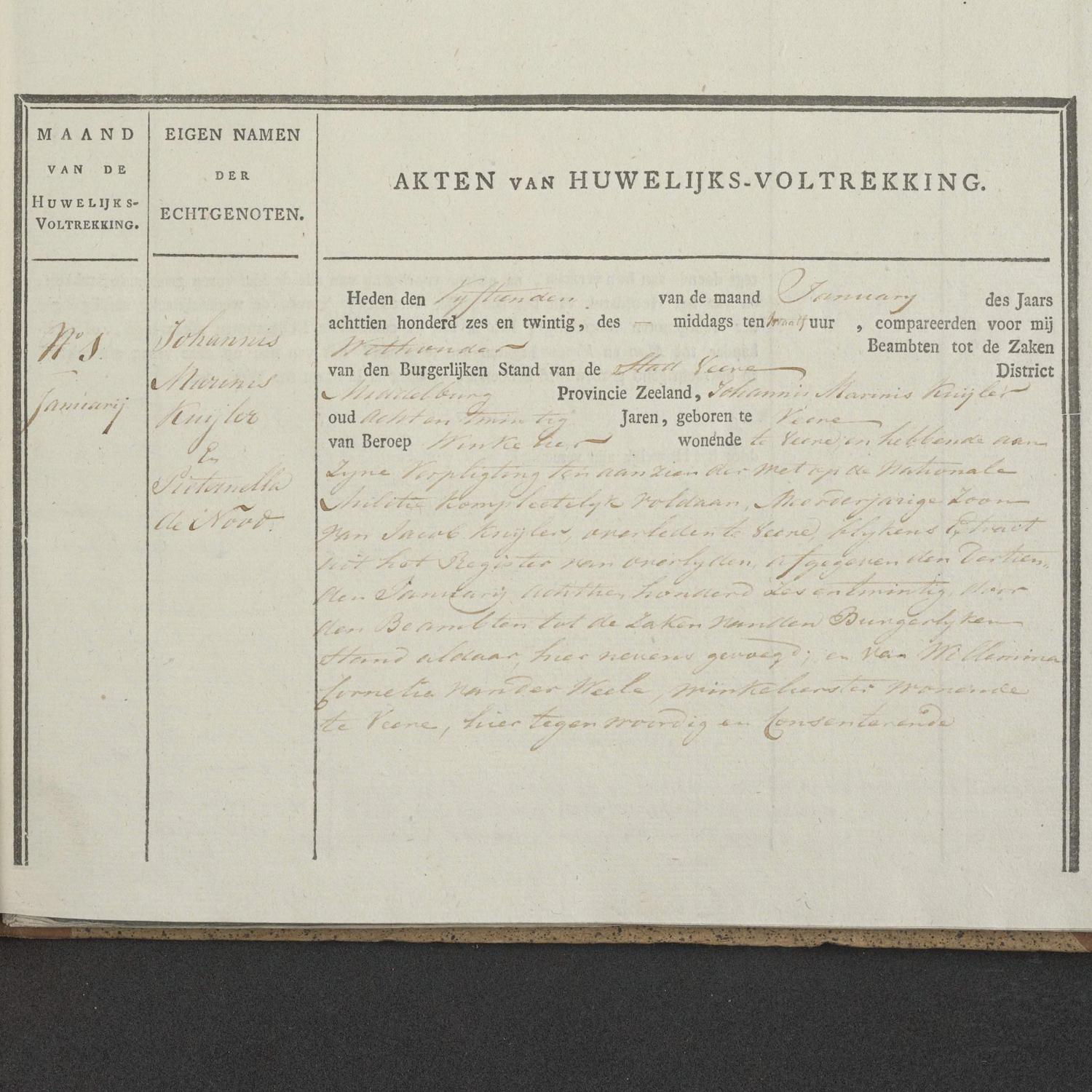 Civil registry of marriages, Veere, 1826, record 1