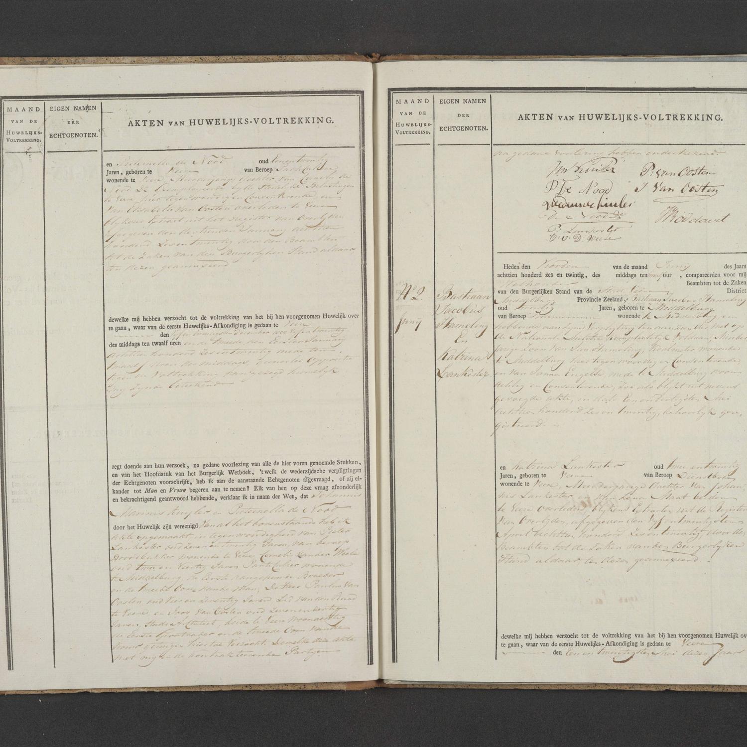 Civil registry of marriages, Veere, 1826, records 1-2