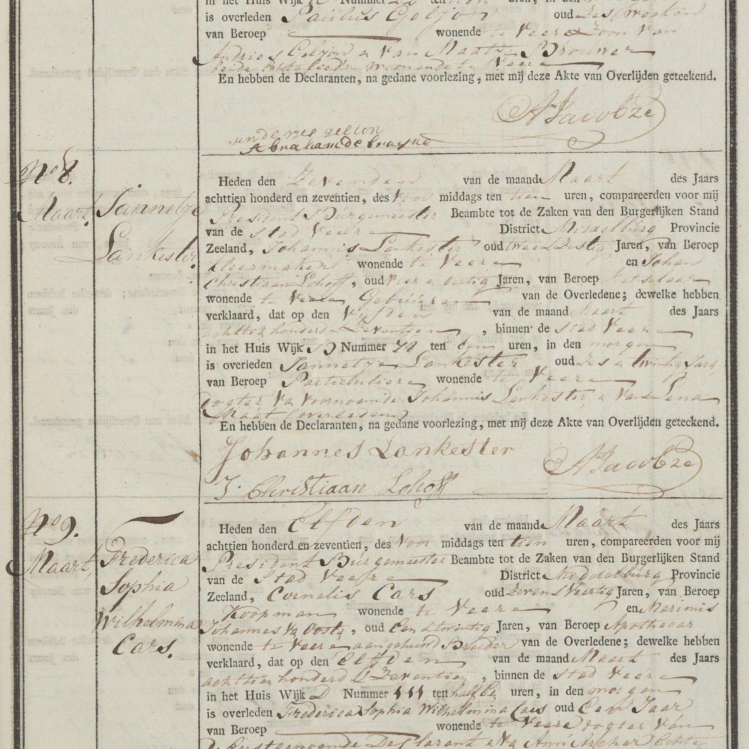 Civil registry of deaths, Veere, 1817, records 4-9