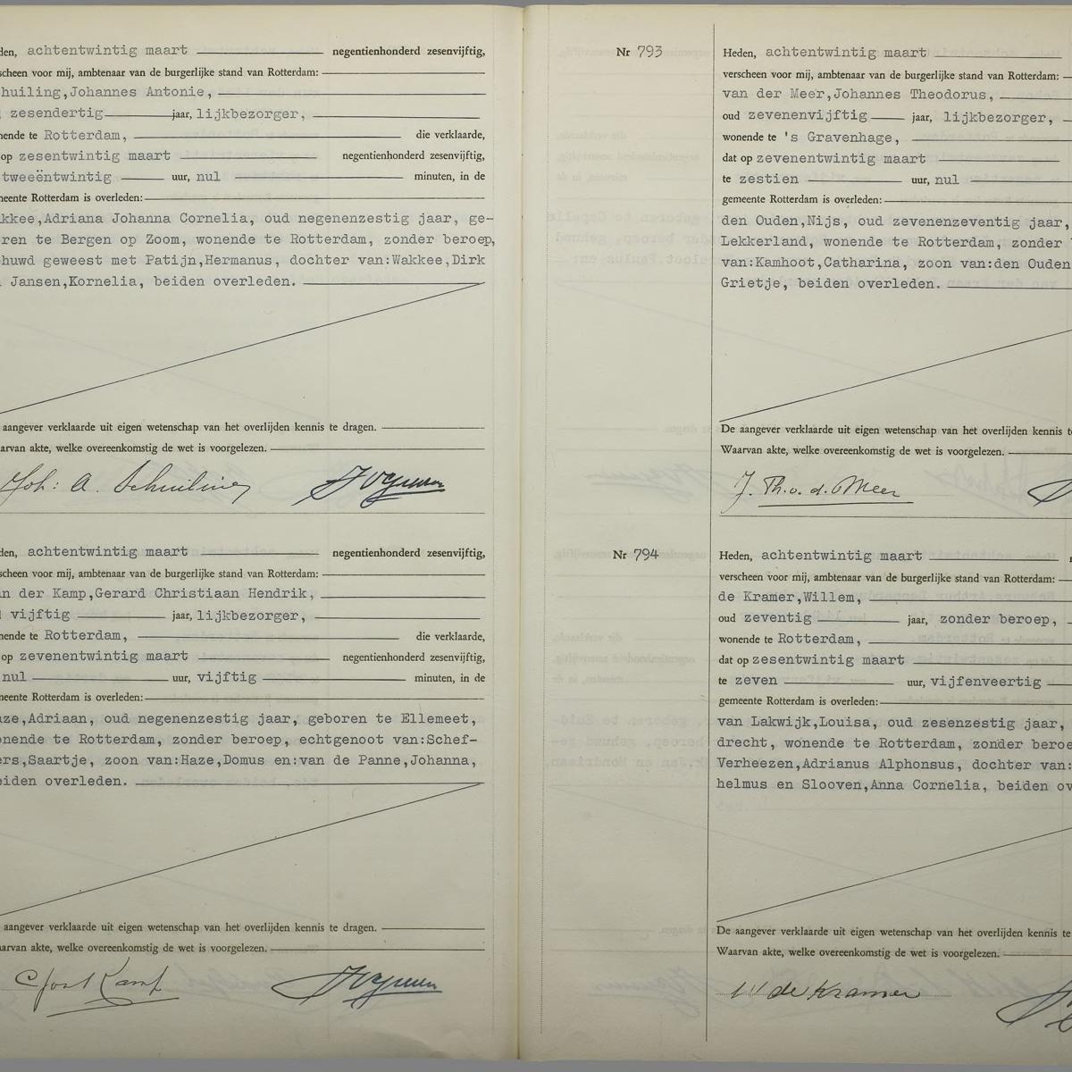 Civil registry of deaths, Rotterdam, 1956, records 791-794