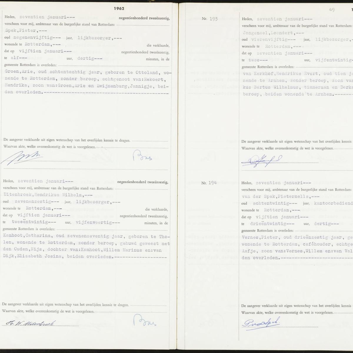 Civil registry of deaths, Rotterdam, 1962, records 191-194