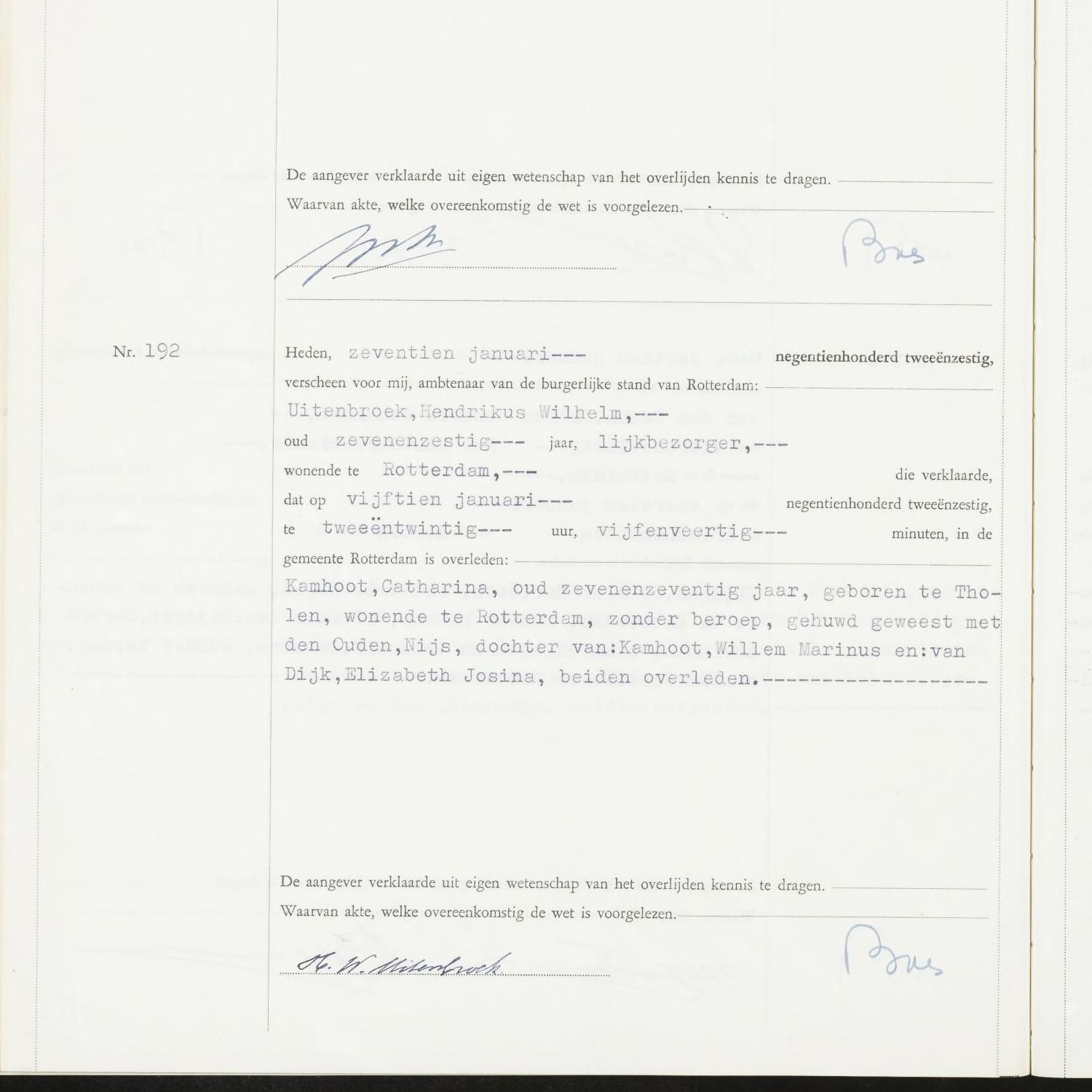 Civil registry of deaths, Rotterdam, 1962, records 191-194