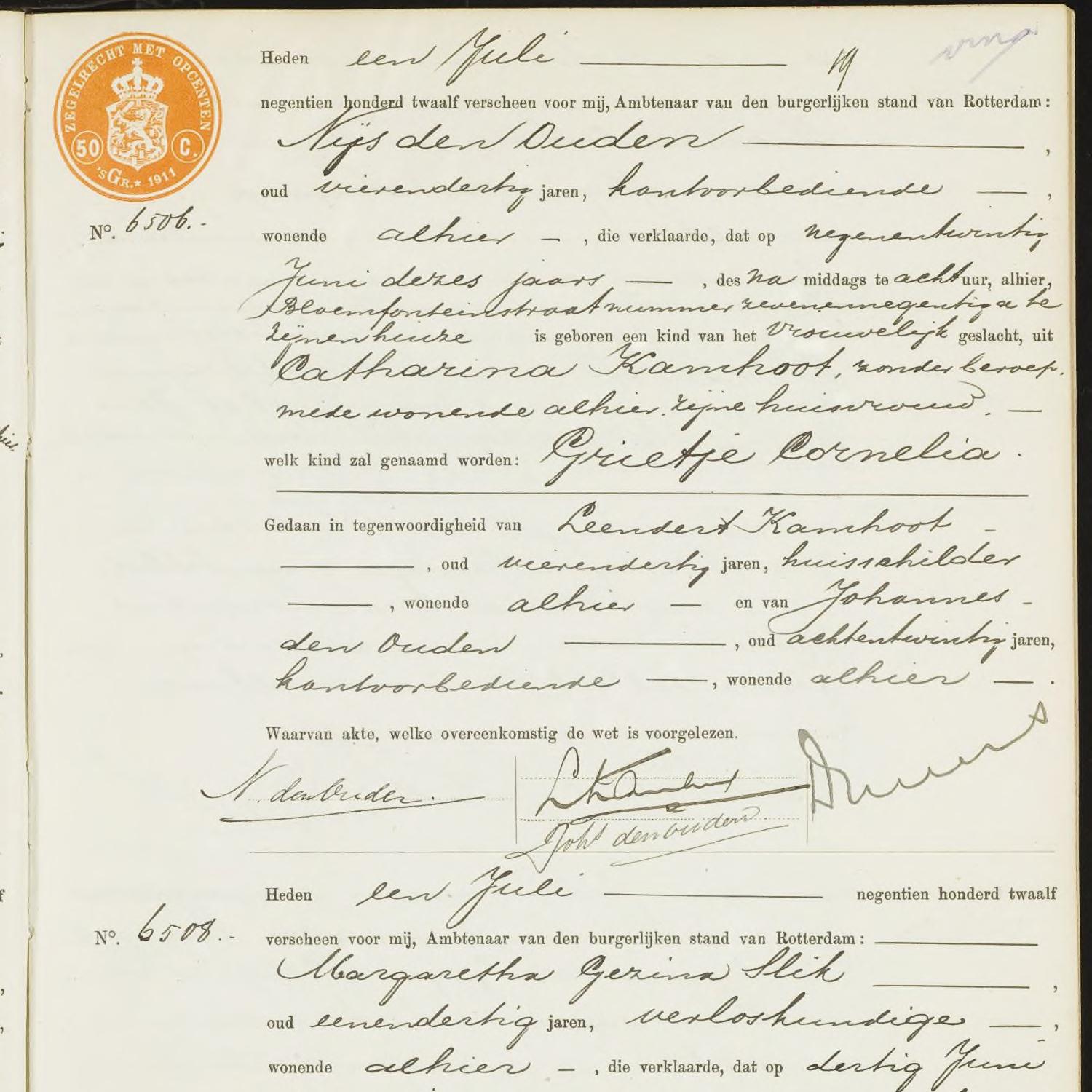 Civil registry of births, Rechtbank Rotterdam, 1912, records 6502-6508