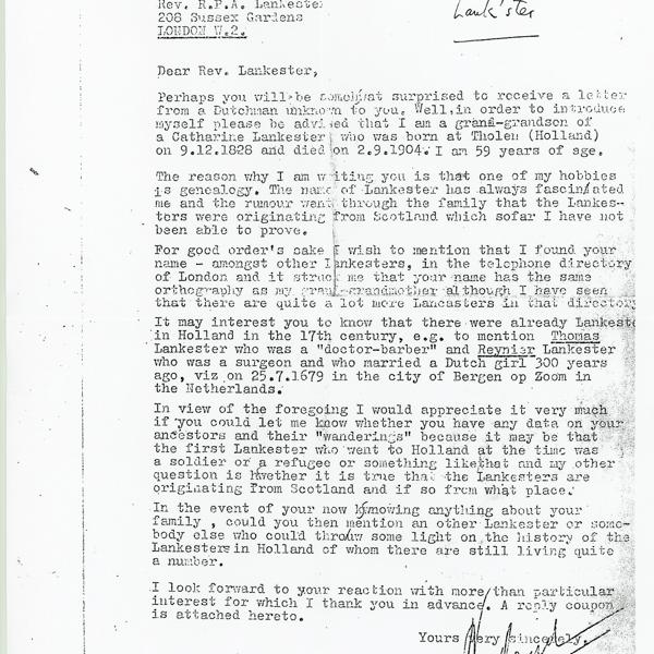 Letter from N. den Ouden to Rev. R.P.A. Lankester, 1976-07-26