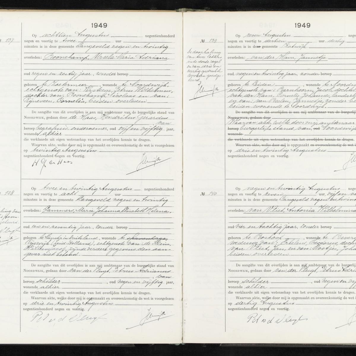 Civil registry of deaths, Noordwijk, 1949, records 137-140
