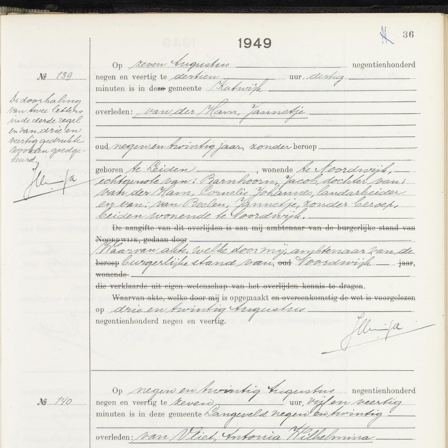 Civil registry of deaths, Noordwijk, 1949, records 137-140