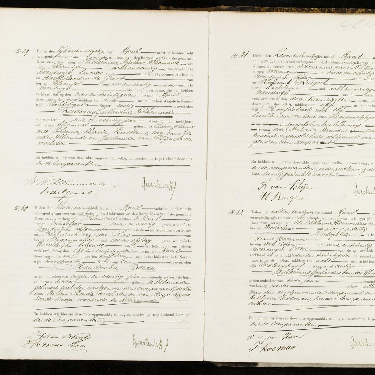 Civil registry of deaths, Noordwijk, 1898, records 29-32