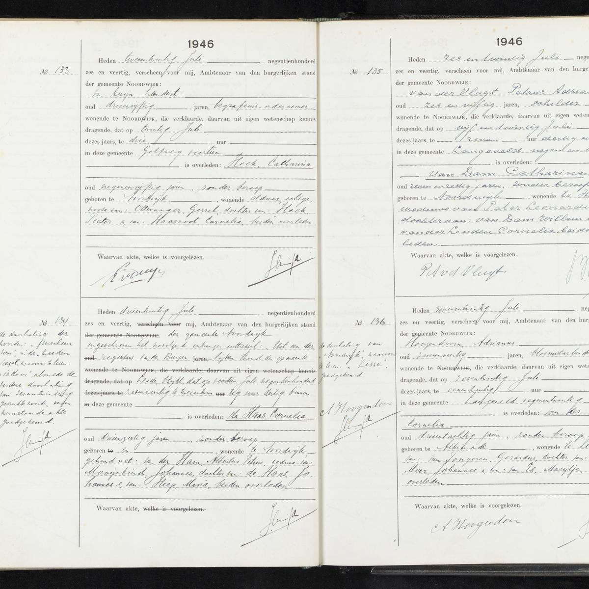 Civil registry of deaths, Noordwijk, 1946, records 133-136