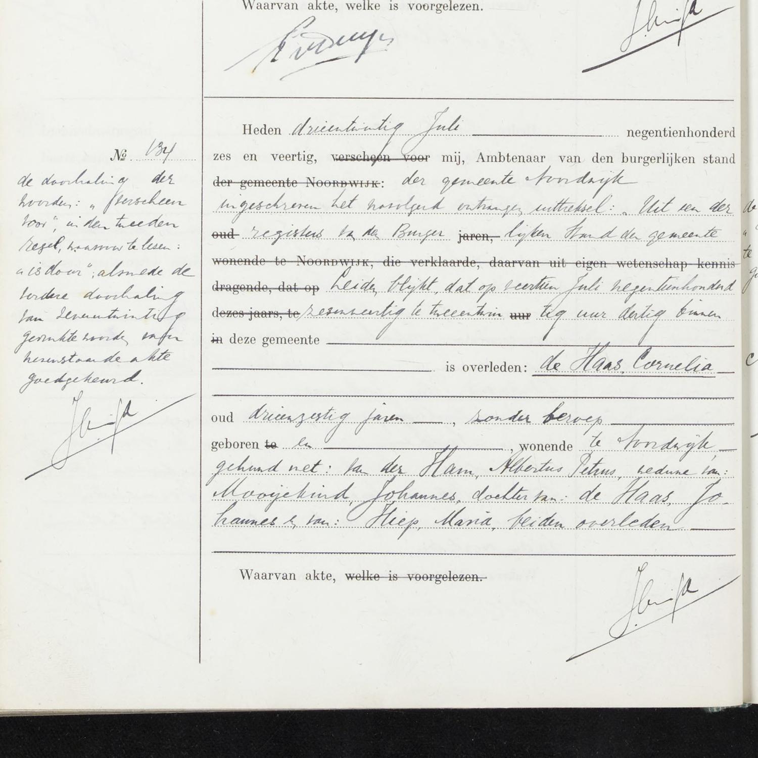 Civil registry of deaths, Noordwijk, 1946, records 133-136