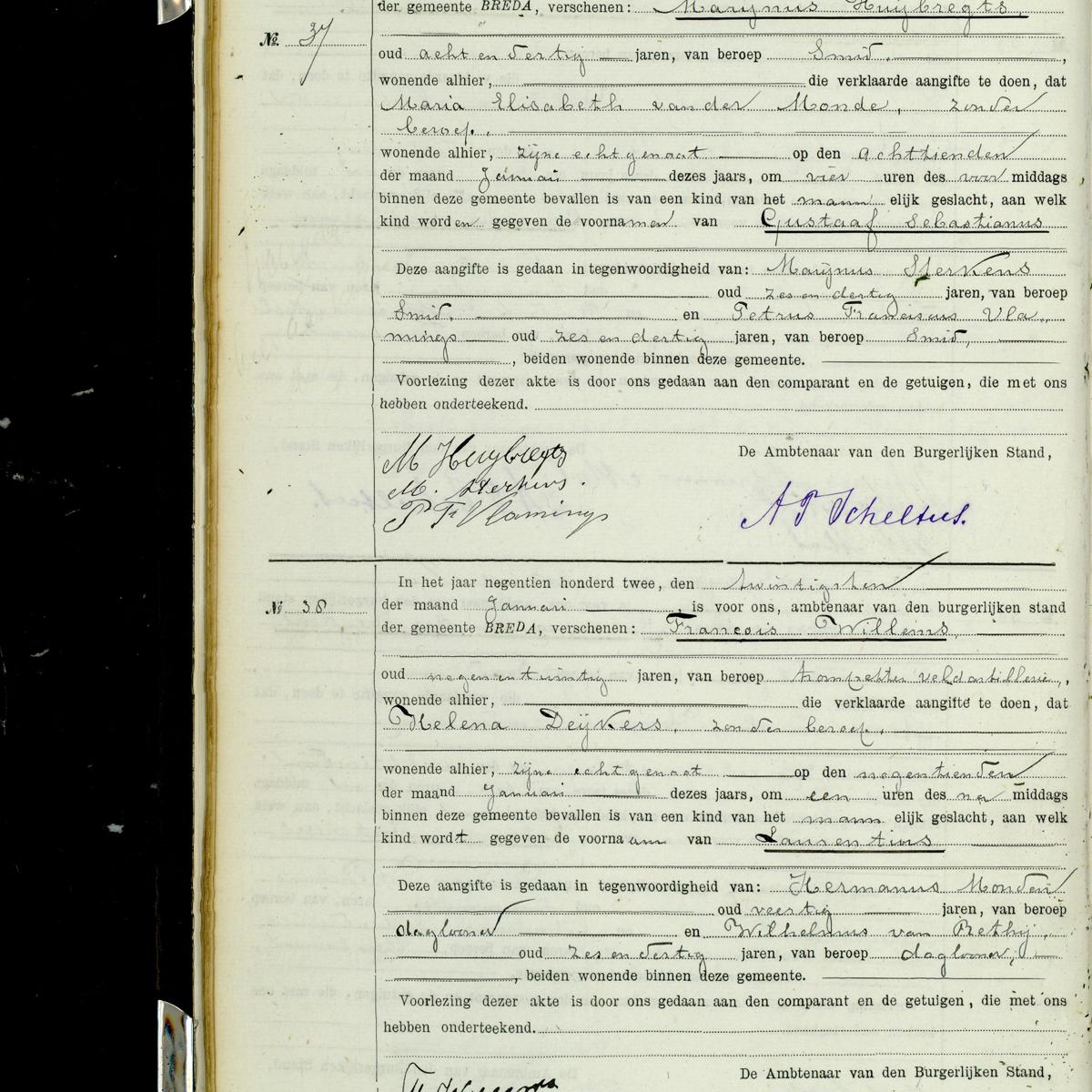 Civil registry of births, Breda, 1902, records 37-38